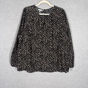 Maurices Blouse 2X Black Tan Chevron‎ Flowy Satin Neutrals Boho Cottage Loud